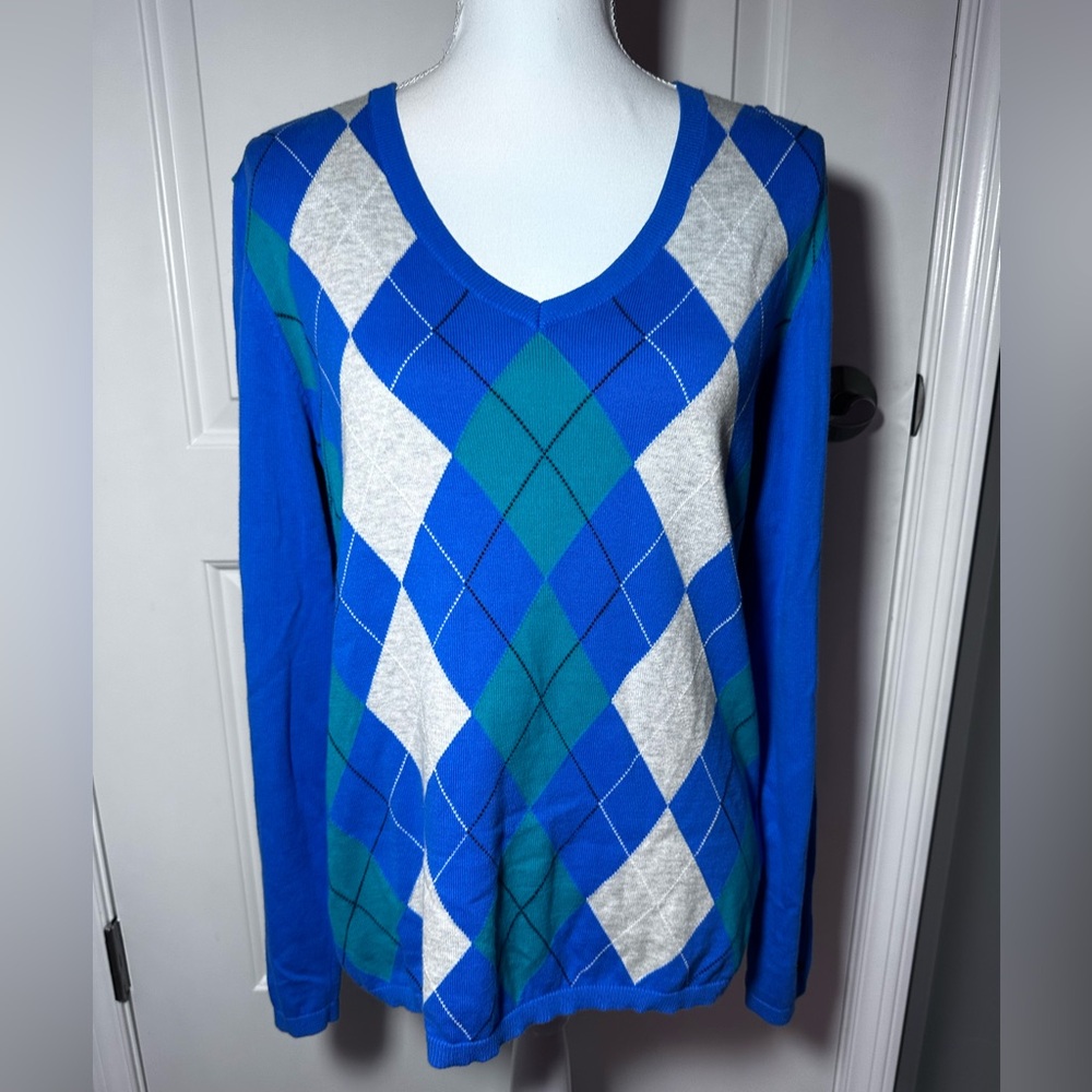 Tommy Hilfiger Argyle V-Neck Sweater Dark Academia Preppy Size L